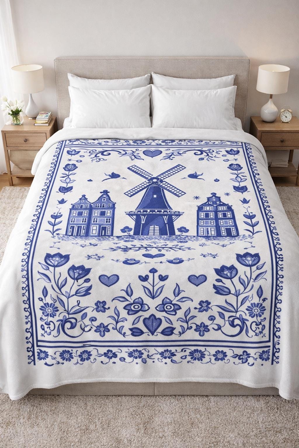 Delft Blue Dutch Blanket | White and Blue Holland Folk Art Throw | Windmill and Canal House Design | European Cottage Decor