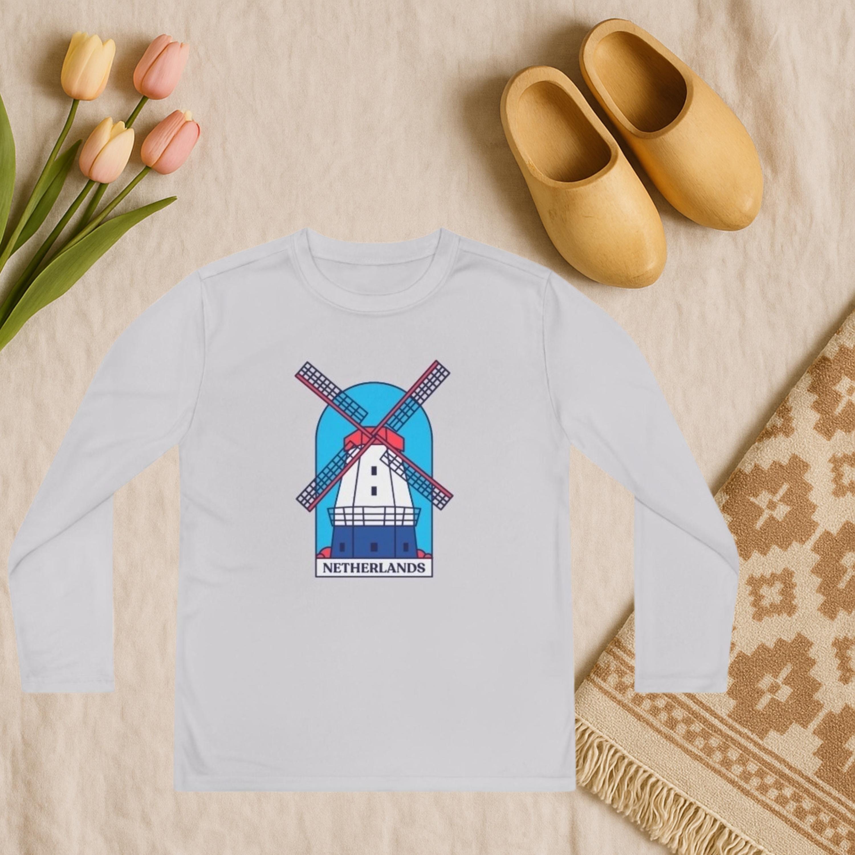 Youth Netherlands Windmill Shirt – Dutch Long Sleeve Tee for Kids, Holland Travel Gift, Cute Windmill Graphic Top