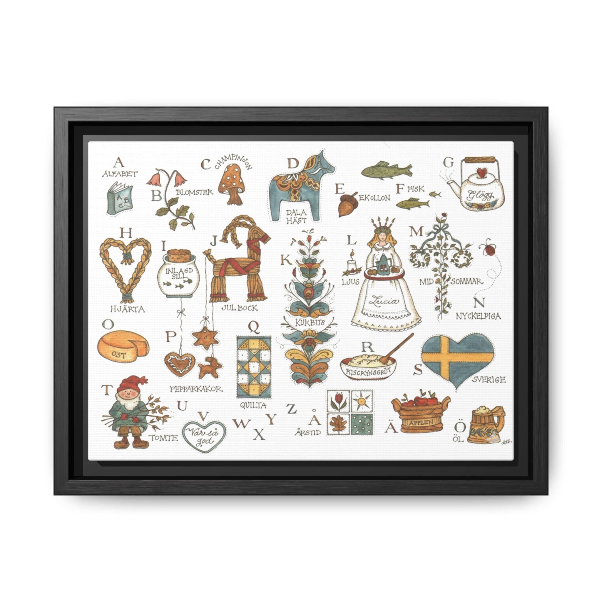 Scandinavian Alphabet Art Print | Swedish Folk Art ABC Poster | Nordic Nursery Wall Art | Dala Horse Alphabet | Framed Canvas Print