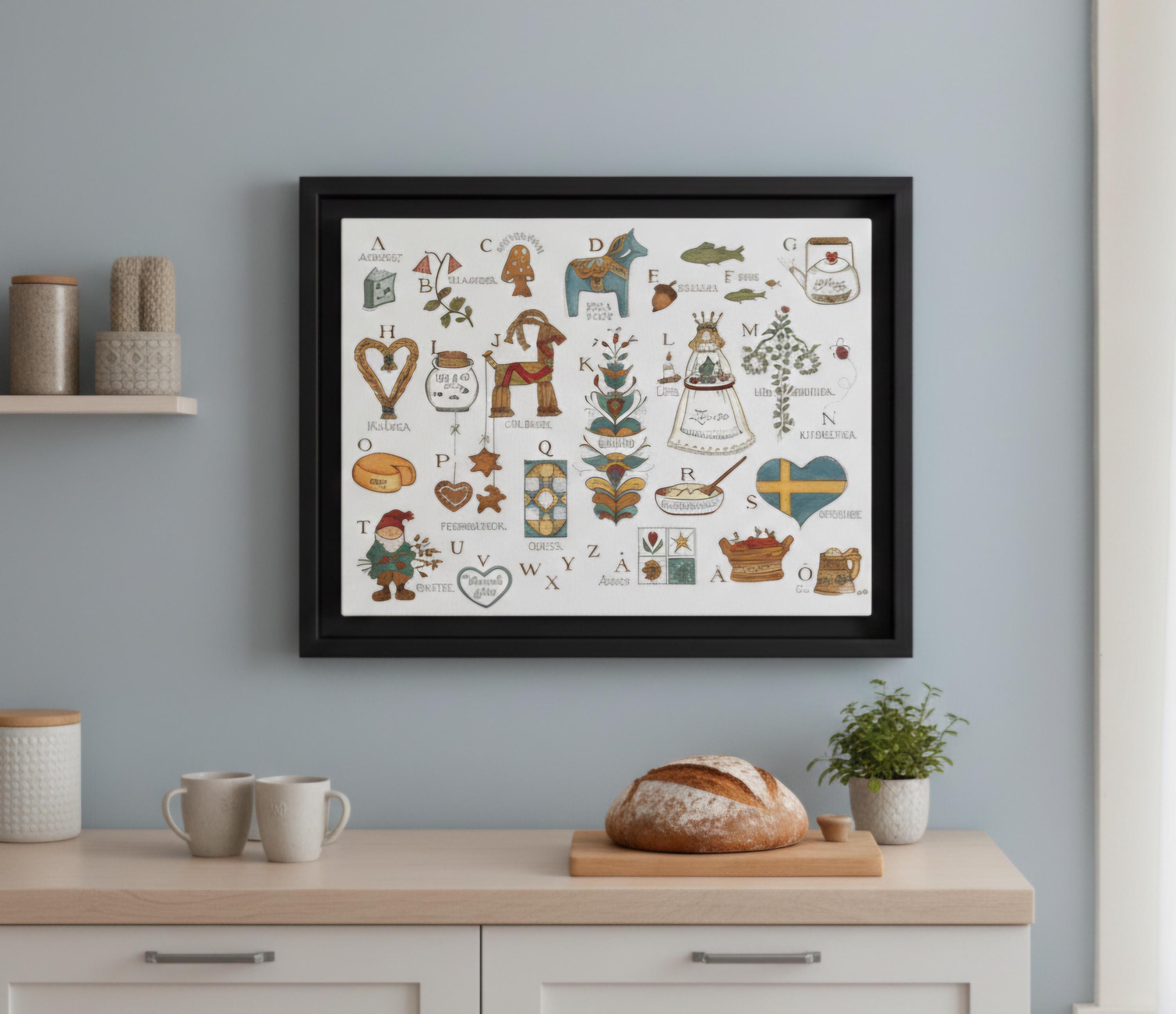 Scandinavian Alphabet Art Print | Swedish Folk Art ABC Poster | Nordic Nursery Wall Art | Dala Horse Alphabet | Framed Canvas Print