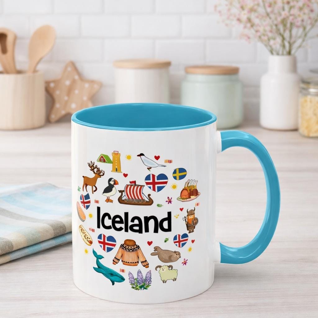 Iceland Icons Coffee Mug | Iceland Travel Souvenir Mug | Nordic Illustration Accent Mug | Scandinavian Gift for Travelers