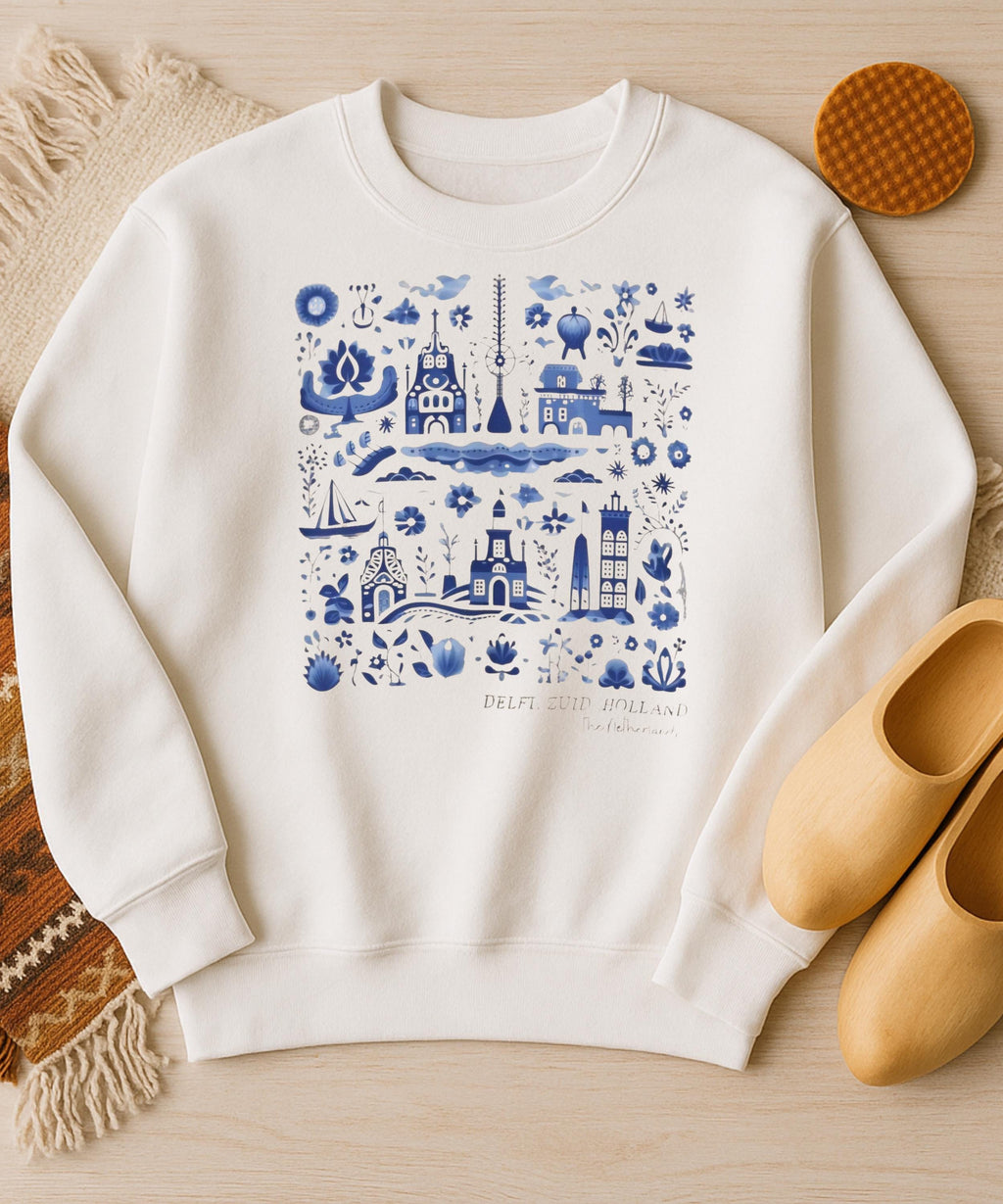 Delft Blue Holland Sweatshirt • Dutch Tile Print Crewneck • Netherlands Heritage Sweater • Cute Dutch Aesthetic Pullover • European Travel