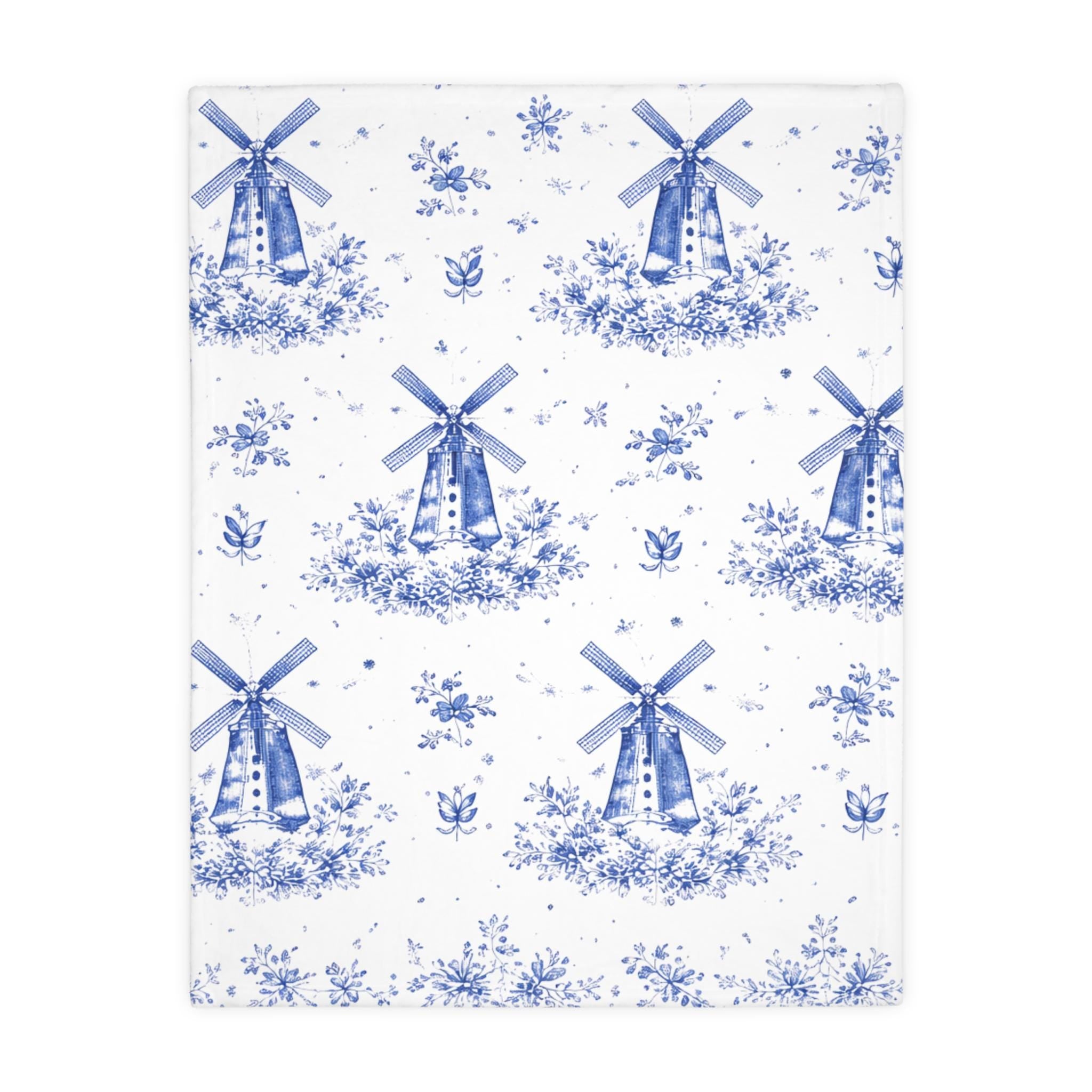 Delft Blue Windmill Blanket | Dutch Inspired Throw | Traditional Blue & White Holland Decor | European Cottage Cozy Blanket