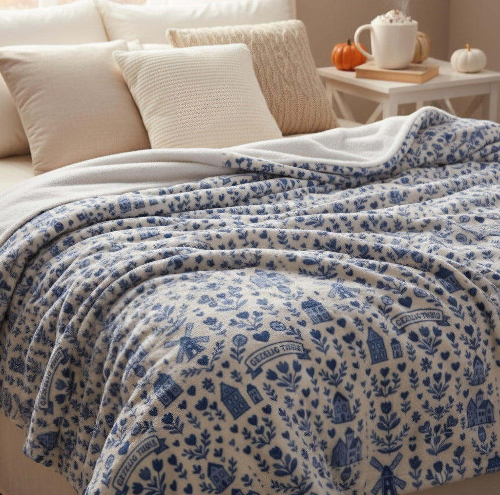Delft Blue Dutch Blanket – Cozy Velveteen Throw | Dutch Home Decor | Blue & White Pattern Blanket | European Style Throw | Delft Tile