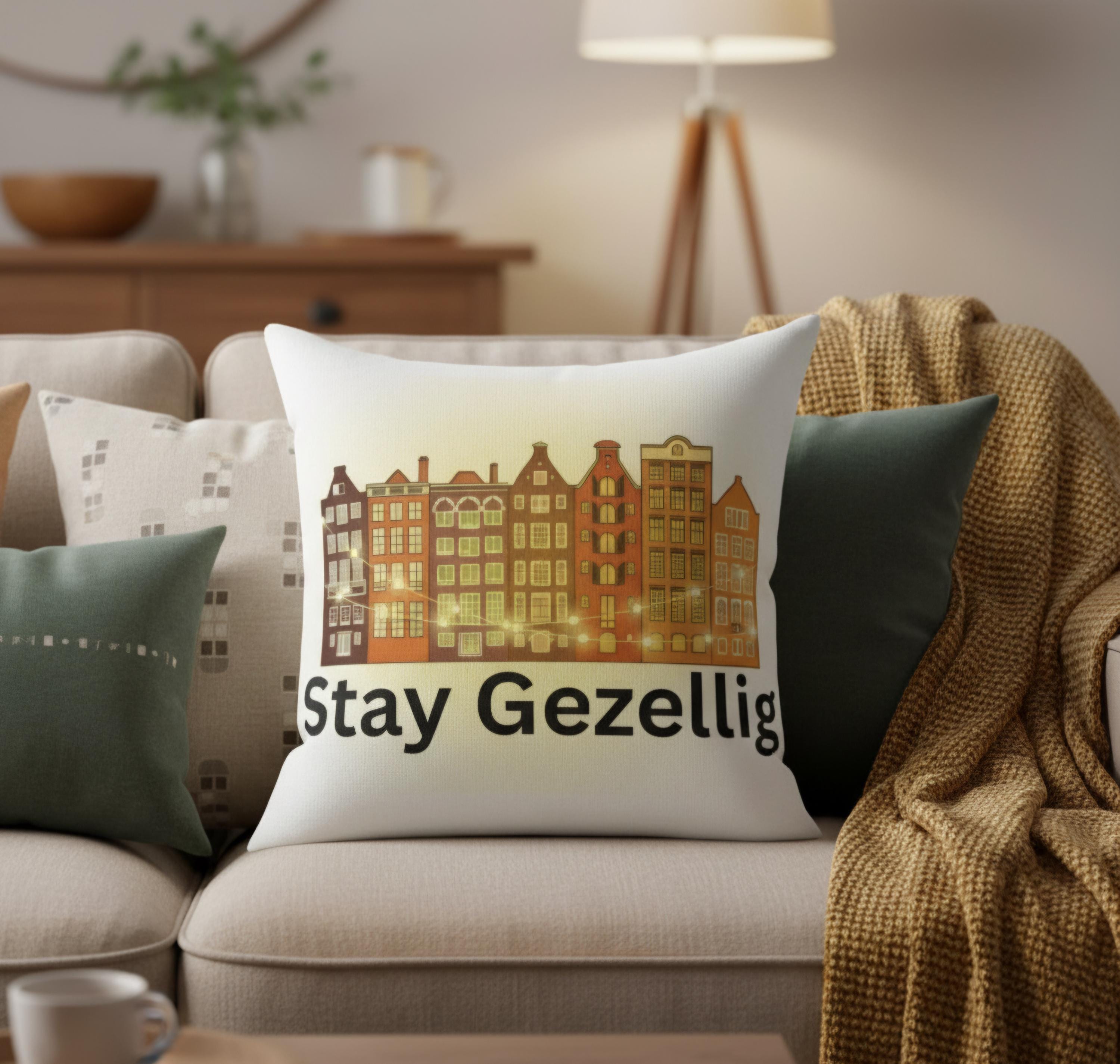 Stay Gezellig Pillow • Dutch-Inspired Cozy Home Decor • Netherlands Throw Cushion • Hygge Style Accent Pillow • Warm Rustic Living Room Deco