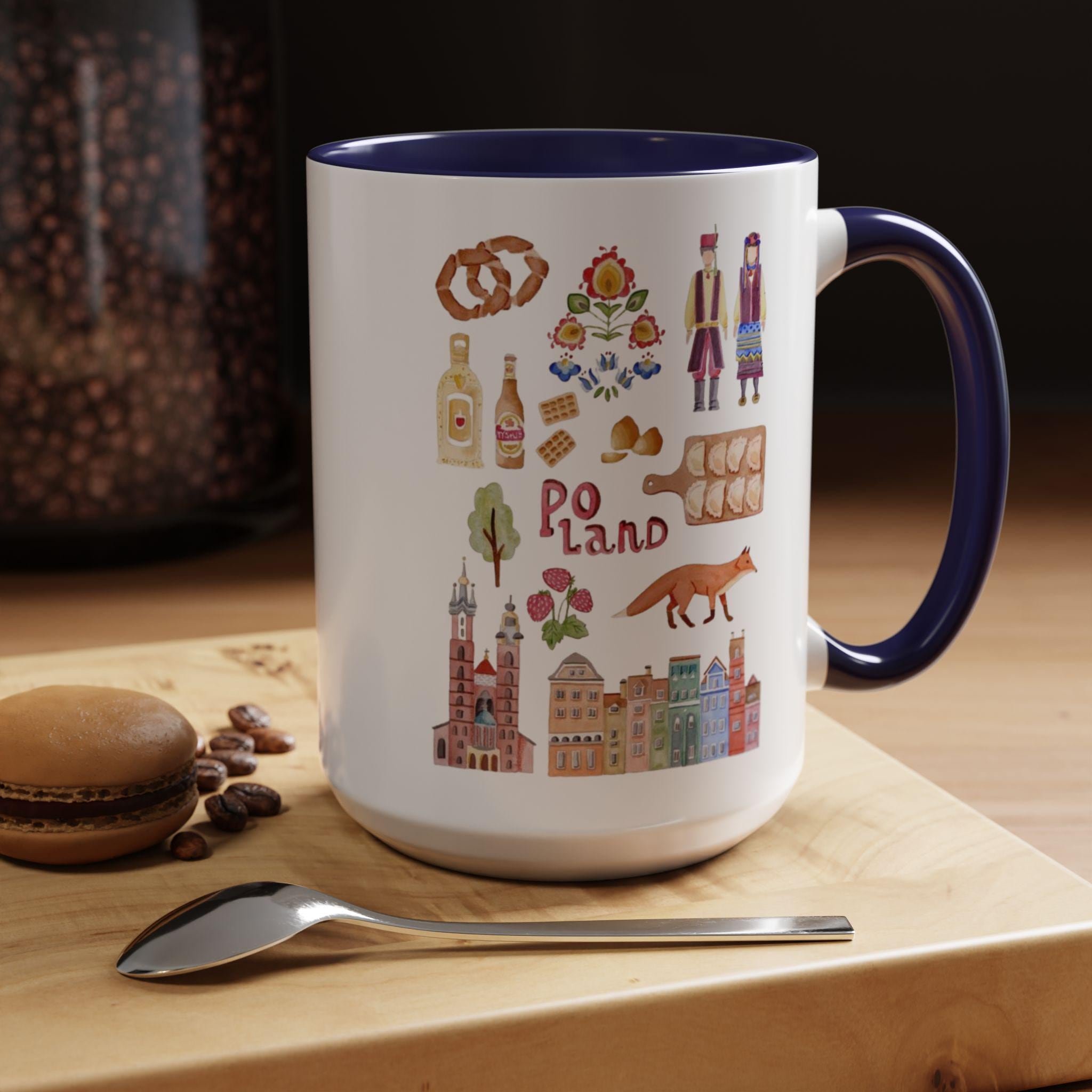 Poland Watercolor Icons Mug | Polish Culture Cities Landmarks Souvenir Gift | Krakow Warsaw Coffee Cup | European Travel Mug Present