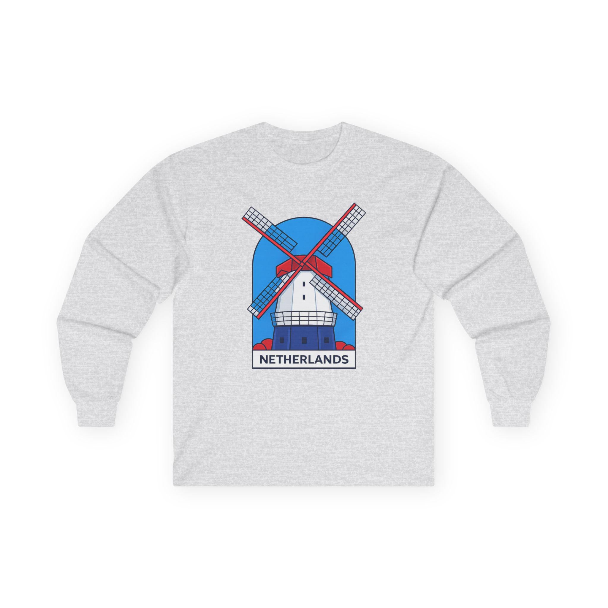 Dutch Windmill Illustration Long Sleeve Tee | Netherlands Graphic Tee