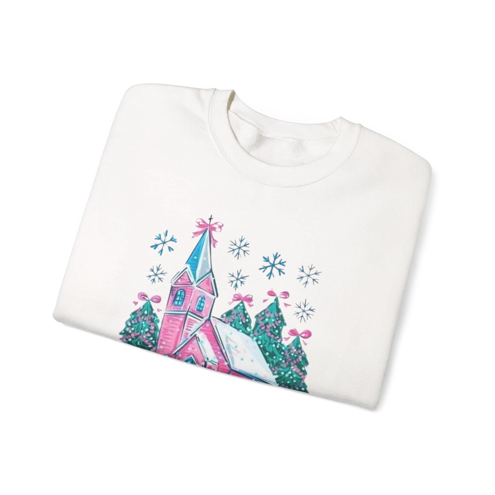 Whimsical Christmas Church Sweatshirt • Pastel Holiday Village Crewneck • Cozy Christian Winter Sweatshirt for Women