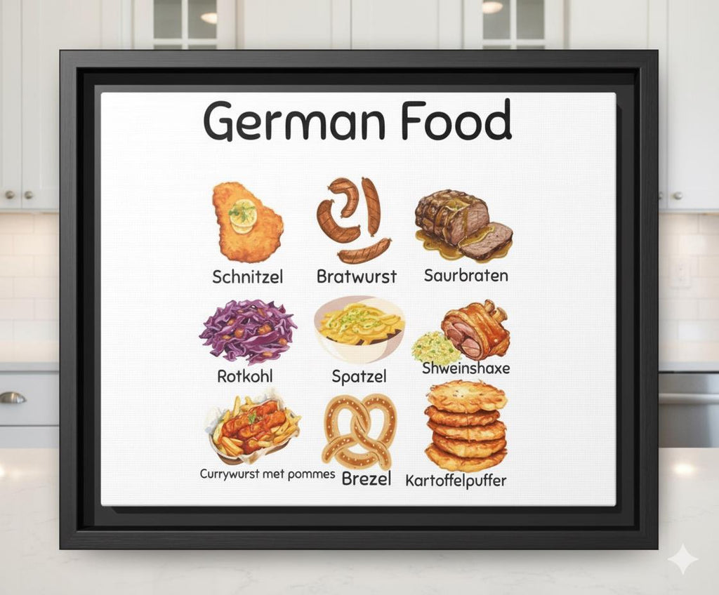 German Food Art Print • Kitchen Wall Decor • European Cuisine Canvas • Cozy Cafe Artwork • Bavaria & German Food Illustration