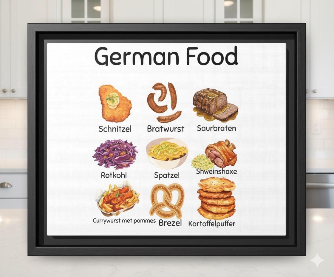 German Food Art Print • Kitchen Wall Decor • European Cuisine Canvas • Cozy Cafe Artwork • Bavaria & German Food Illustration