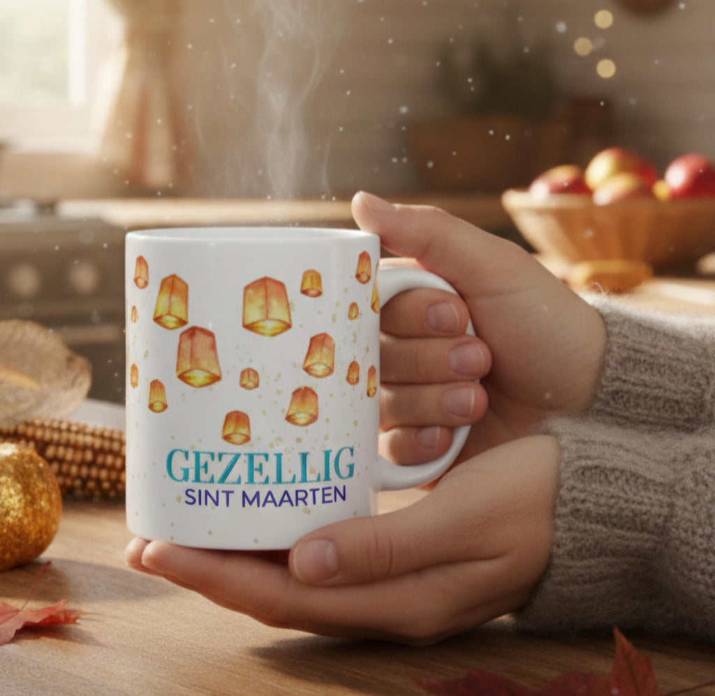 Gezellig Sint Maarten Mug • Dutch Saint Martin Holiday Cup • Cozy Lantern Parade Ceramic Coffee Mug • Fall & Winter Netherlands Gift
