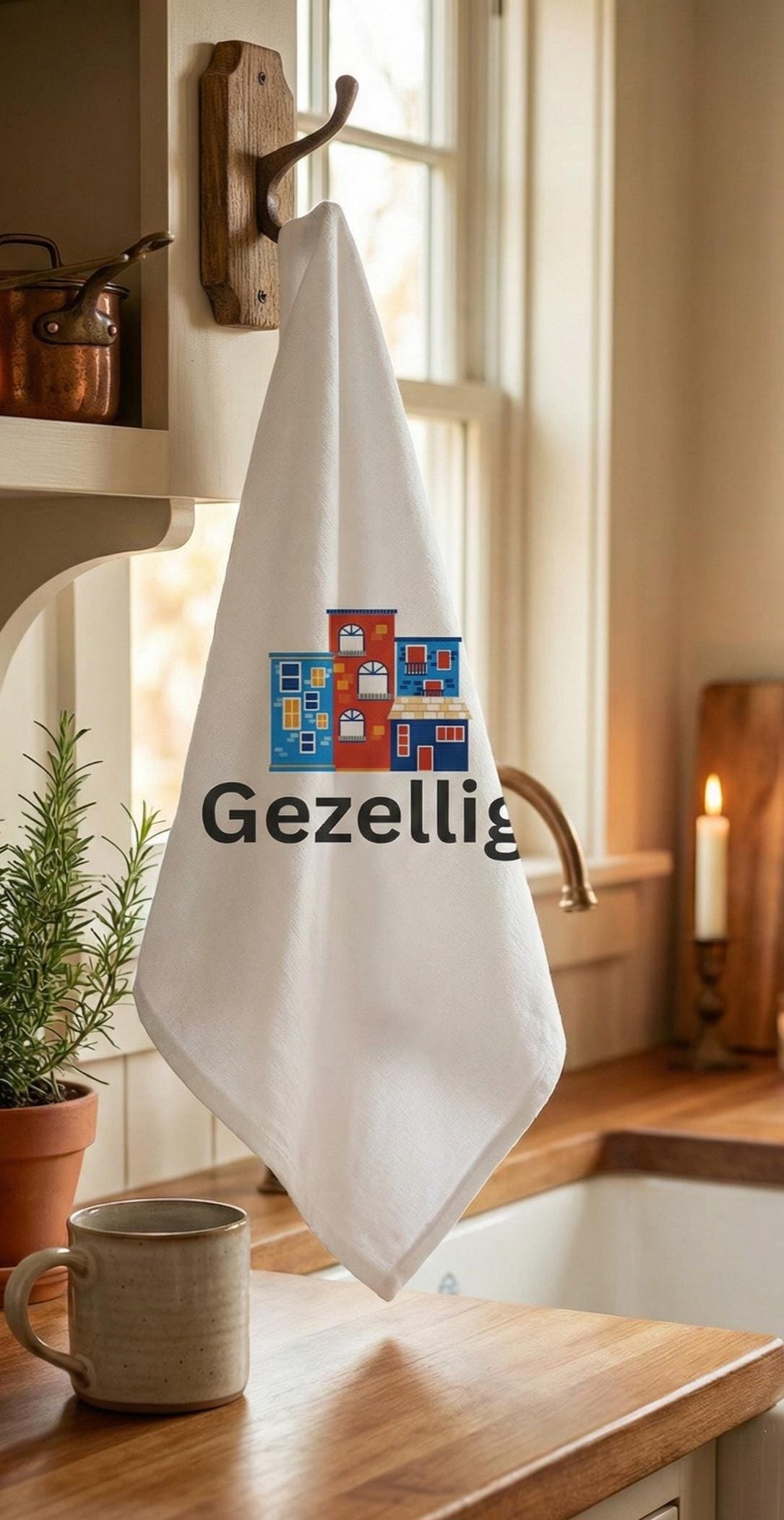 Gezellig Hand Towel – Dutch House Towel, Colorful Amsterdam Decor, Cozy Kitchen Gift, Netherlands Home Decor, Housewarming Towel