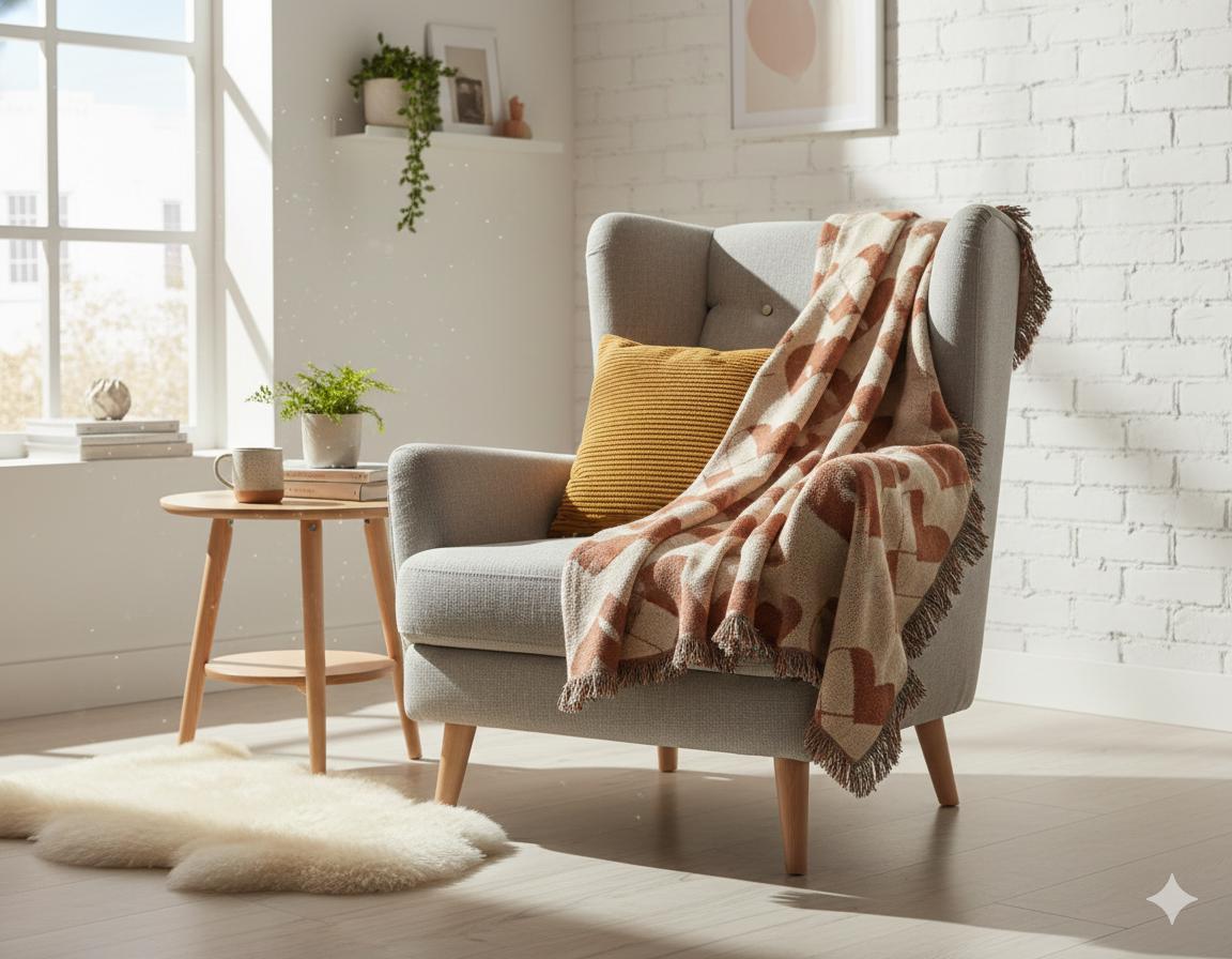 Danish Folk Heart Blanket | Scandinavian Hygge Throw | Nordic Julehjerte Design | Cozy Neutral Home Decor | Minimalist Nordic Blanket