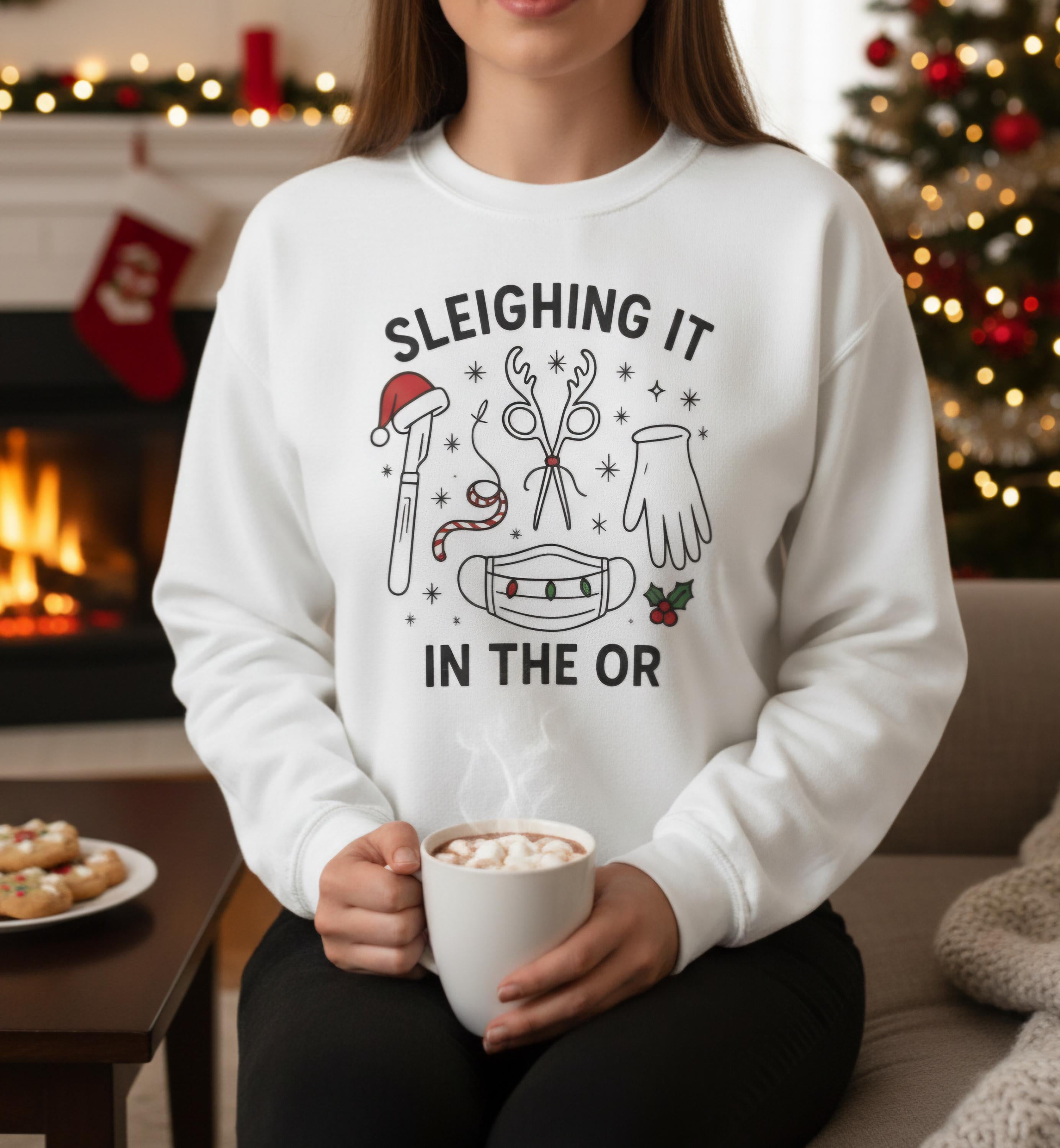 Surgery Christmas Sweatshirt – Sleighing It in the OR Crewneck, Medical Holiday Sweater for Nurses, Techs & Surgeons