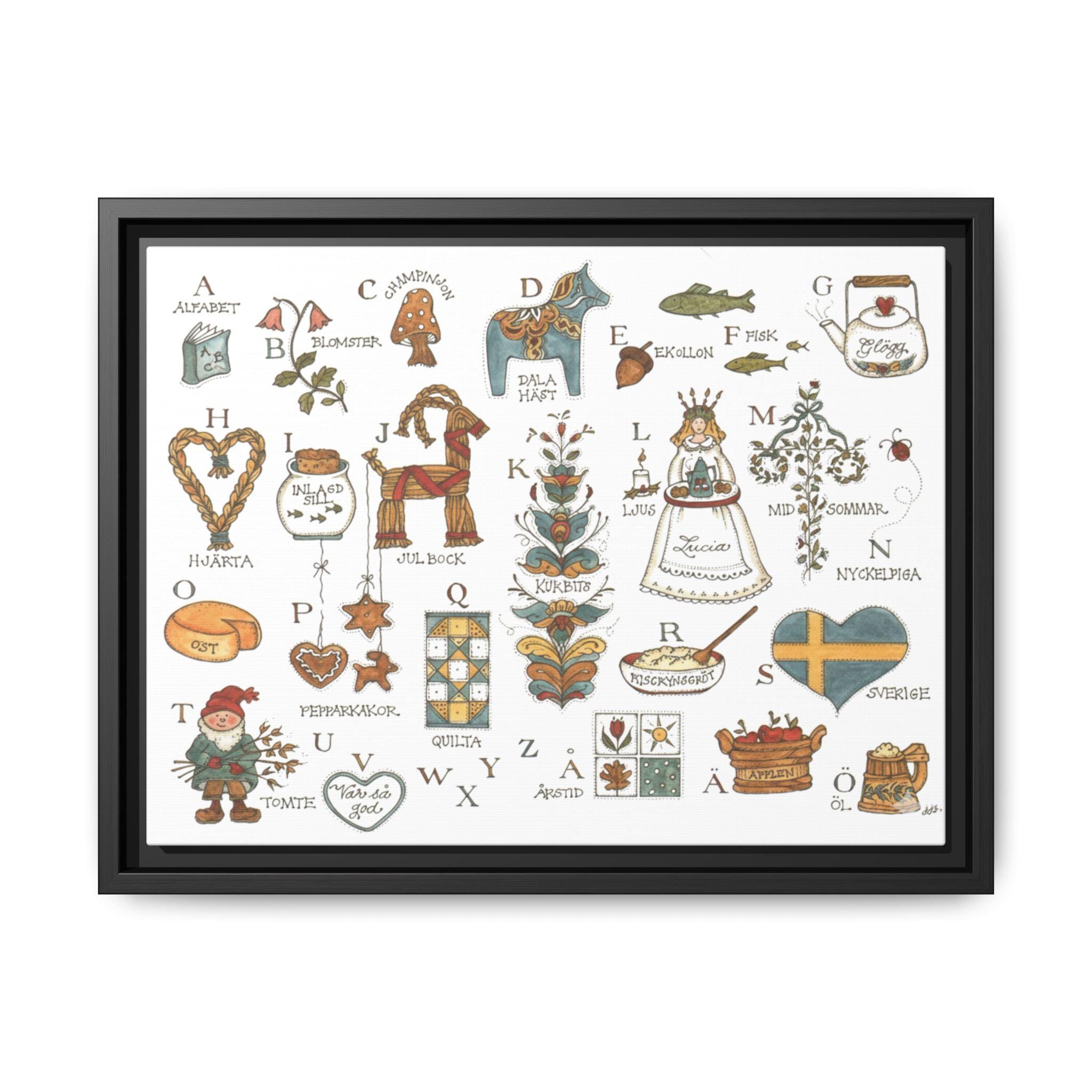 Scandinavian Alphabet Art Print | Swedish Folk Art ABC Poster | Nordic Nursery Wall Art | Dala Horse Alphabet | Framed Canvas Print